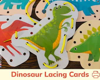 Dinosaur Printable Lacing Cards. Fine Motor Skills Tying Activity for