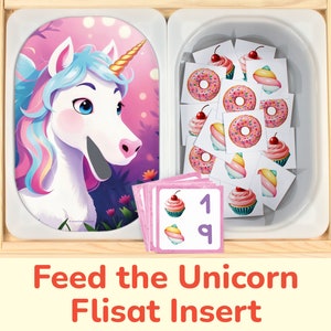 Treats for Magical Unicorn Flisat Insert: Sort and Count to 12 Printable Activity for Sensory Table Bins. Toddler, Preschool Insert Template