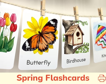 Tarjetas didácticas con temas de primavera para mejorar el vocabulario de temporada. Tarjetas visuales para niños pequeños y preescolares. Materiales de aprendizaje en el aula y educación en el hogar imprimibles