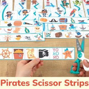May include: A set of printable pirate-themed scissor strips for kids. The strips feature images of a pirate ship, a treasure chest, a pirate flag, a steering wheel, a map, and the words "Yo Ho Ho".