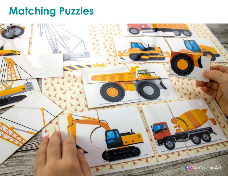 May include: A set of matching puzzles featuring construction vehicles. The puzzles include images of a dump truck, excavator, and cement mixer. The text "Matching Puzzles" is at the top. The puzzles are on a patterned surface.