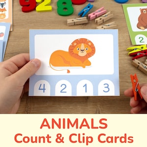 Wild Animals Count & Clip Cards. Printable Counting Activity.  Homeschool Preschool Pre-K Kindergarten Educational Count to 20 Activities.