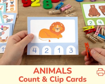 Wild Animals Count & Clip Cards. Printable Counting Activity.  Homeschool Preschool Pre-K Kindergarten Educational Count to 20 Activities.