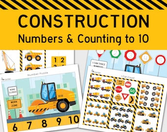 Construction Vehicles Numbers 1-10 & Counting Printable Busy Book. Truck Math Learning Binder. Worksheets Homeschool, Preschool, Pre-K