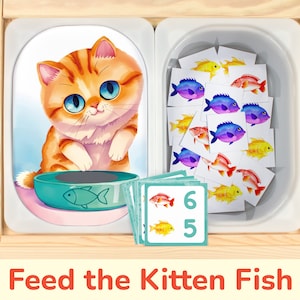 Feed the Kitten Fish Flisat Insert: Sorting and Counting to 12 Printable Activity for Sensory Table Bins. Toddler, Preschool Insert Template