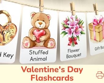 Valentijnsdag-flashcards: afdrukbare flash-kaarten voor peuters, kleuters, kleuters. Thuisonderwijs, educatieve activiteiten in de klas.