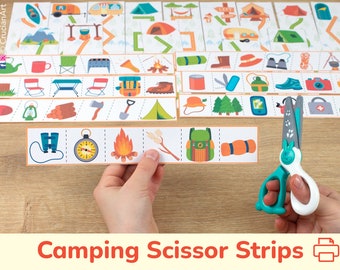 Camping Theme Scissor Strips. Summer Scissor Skills Activity. Cutting Practice Fine Motor Printable. Preschool Kindergarten Cutting Strips.
