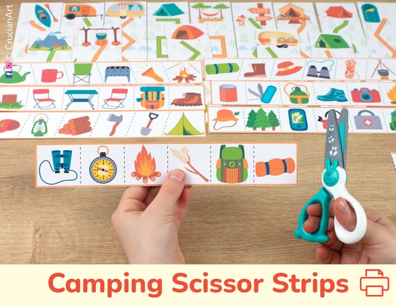 Camping Theme Scissor Strips. Summer Scissor Skills Activity. Cutting Practice Fine Motor Printable. Preschool Kindergarten Cutting Strips.