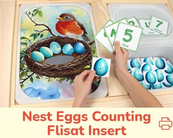 Inserto Flisat de Robin's Nest: Actividad imprimible de conteo de huevos de aves de patio trasero para contenedores de mesa sensoriales. Plantilla de primavera para insertar en preescolar y niños pequeños