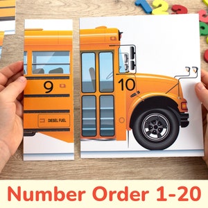 SCHOOL BUS Number Sequence Puzzle. Sequencing 1-10, 11-20 Printable Activity. Toddler, Preschool Math Activities. Number Order Practice