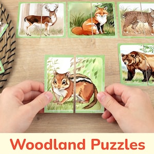 Pares de rompecabezas de animales del bosque: tarjetas de combinaciones imprimibles para niños pequeños. Actividad de aprendizaje preescolar, recurso educativo, imprimibles de educación en el hogar.