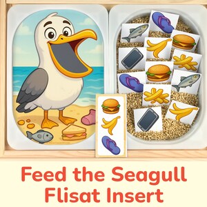Feed the Seagull Flisat Insert: Matching Activity for Sensory Table Trofast Bins. Toddler, Preschool Printable Template.
