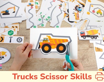 Construction Trucks Scissor Skills Activities. Printable Fine Motor Activity. Preschool Cutting Practice