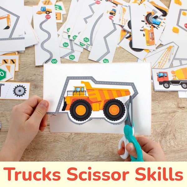 Construction Trucks Scissor Skills Activities. Printable Fine Motor Activity. Preschool Cutting Practice