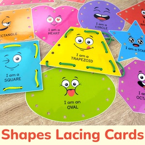 Shapes Printable Lacing Cards. Toddler and Preschool Fine Motor Skill Activity. Montessori Tying Toy