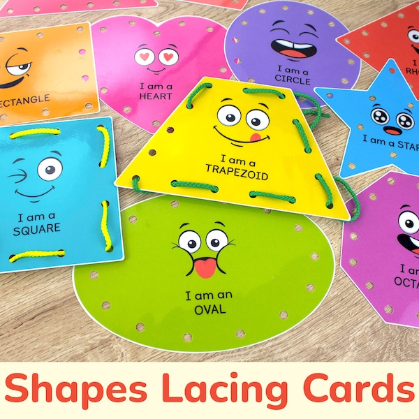 Shapes Printable Lacing Cards. Toddler and Preschool Fine Motor Skill Activity. Montessori Tying Toy