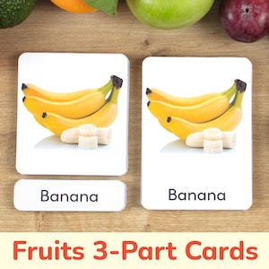 Tarjetas de 3 partes de frutas y bayas. Actividad de emparejar tres partes con fotografías de frutas. Actividades de aprendizaje preescolar para niños pequeños. Tarjetas de partido imprimibles