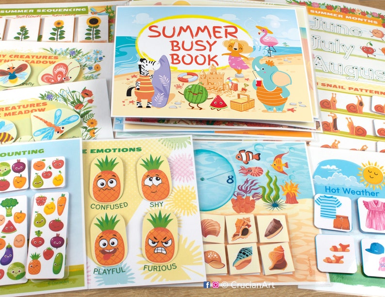 May include: A set of colorful educational flashcards for children featuring summer themes. The cards include images of animals, fruits, vegetables, and other summer-related objects. The cards are designed to help children learn about different concepts, such as counting, sequencing, and emotions.
