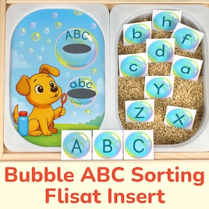 May include: A wooden educational toy with a blue and white bubble-themed design. Features a cartoon puppy blowing bubbles, uppercase and lowercase ABCs, and letter sorting activities. The text reads "Bubble ABC Sorting Flisat Insert."