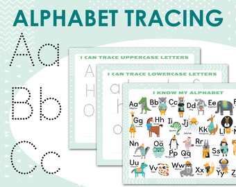 以下が含まれることがあります： 子供向けのアルファベットのなぞり書き練習用ワークシート3枚セット。最初のシートは、大文字のアルファベット、2番目のシートは、小文字のアルファベット、3番目のシートは、動物のイラスト付きのアルファベットが掲載されています。ワークシートは、白のヘリンボーン柄の薄い緑色の背景です。