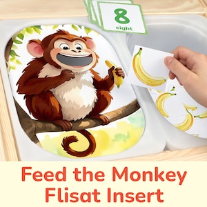 Feed the Monkey Flisat Insert: Bananas Counting Printable Activity for Sensory Table Bins. Toddler and Preschool Trofast Insert Template.