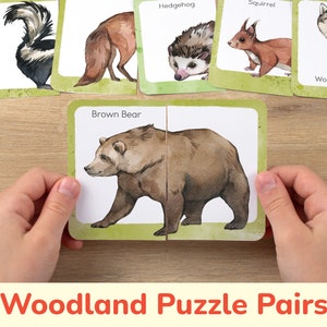 Pares de quebra-cabeças de animais da floresta: cartas de jogo para impressão para crianças. Atividade de aprendizagem pré-escolar, imprimíveis em casa, recurso educacional.