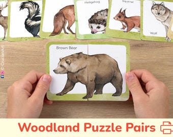 Woodland Animals Puzzle Pairs: Printable Match Cards for Toddlers. Preschool Learning Activity, Homeschool Printables, Educational Resource.
