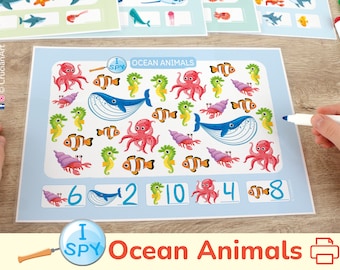 Ocean Animals I Spy Counting Activity. Under the Sea Homeschool, Preschool, Pre-K, Kindergarten Printable Worksheets. Count to 10 Activities