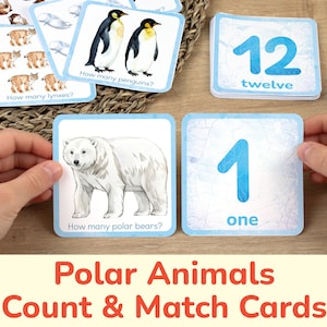 Arctic Animals Counting Activity: Printable Matching Cards. Toddler, Preschool, Homeschool Learning Printables. Count & Match Resource