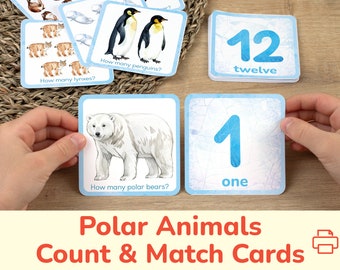 Arctic Animals Counting Activity: Printable Matching Cards. Toddler, Preschool, Homeschool Learning Printables. Count & Match Resource