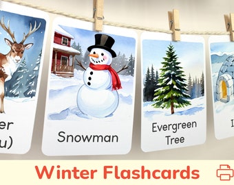 Winterflashcards: afdrukbare flashcards voor peuters en kleuters. Educatieve activiteiten voor thuisonderwijs, lesmateriaal voor de klas.