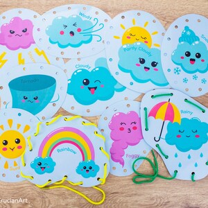 WEATHER Lacing Cards. Printable Fine Motor Skill Tying Toy for Toddler and Preschooler. Preschool Activity image 6