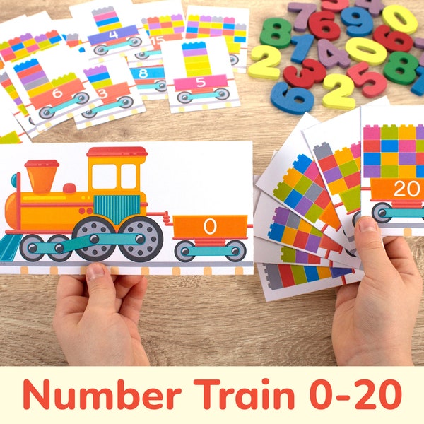 Actividad de conteo imprimible del tren de números. Secuencia numérica 0-20. Práctica de orden de números para niños pequeños y preescolares. Aprendiendo los números 1-10, 11-20