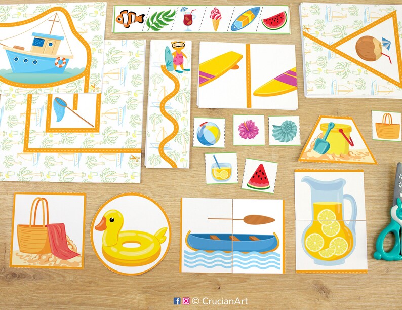 Boost Scissor Skills with Summer-Themed Cutting Practice! Printable resource for fine motor development, ideal for Preschool, Pre-K, Kindergarten. Classroom learning resources, homeschool educational material. DIY printables, vacation activities.