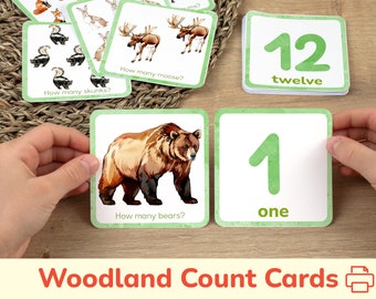 Woodland Animals Counting Activity: Printable Matching Cards. Preschool, Toddler, Homeschool Learning Printables. Count & Match Resource