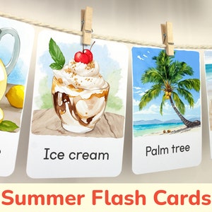 Tarjetas didácticas con temática de verano para reforzar el vocabulario estacional. Tarjetas visuales para niños pequeños y preescolares. Materiales de aprendizaje imprimibles para la educación en casa y el aula.
