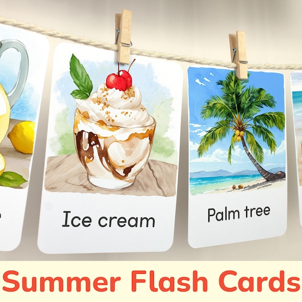 Summer-themed Flashcards for Seasonal Vocabulary Boosts. Toddler, Preschool Visual Cards. Printable Homeschool, Classroom Learning Materials