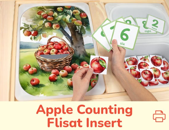 Apple Harvest Flisat Insert: Printable Counting Activity for Sensory Table Trofast Bins. Toddler and Preschool Autumn Season Insert Template