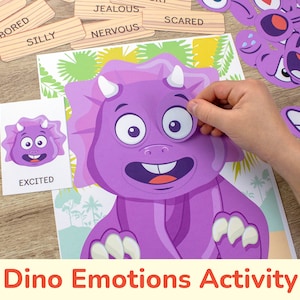 Actividad imprimible de emociones y sentimientos con temática de dinosaurios. Dino niño pequeño, juego de correspondencias preescolar. imagen 1