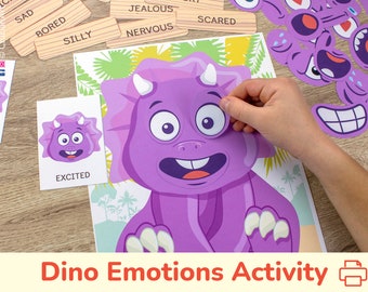 Afdrukbare activiteit Emoties en gevoelens met dinosaurusthema. Dino peuter, voorschools matchingspel.