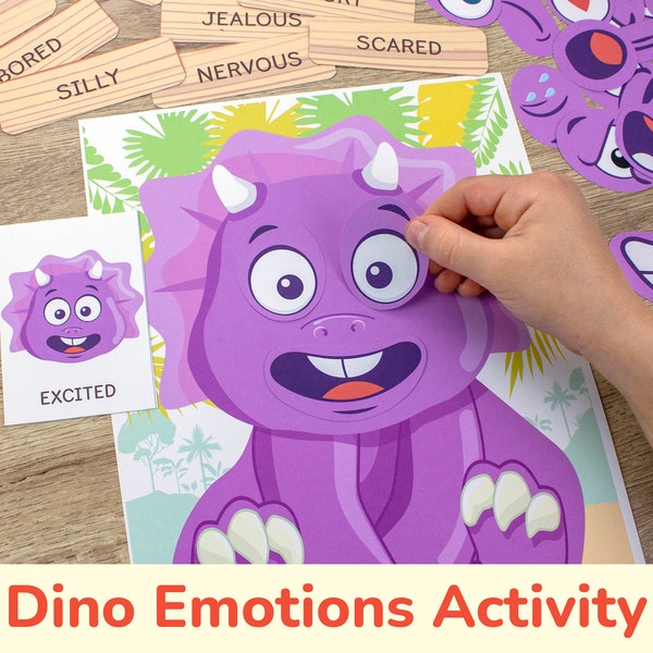 Actividad imprimible de emociones y sentimientos con temática de dinosaurios. Dino niño pequeño, juego de correspondencias preescolar.
