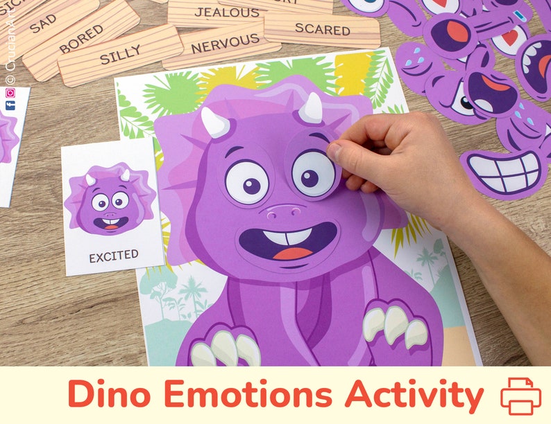 Actividad imprimible de emociones y sentimientos con temática de dinosaurios. Dino niño pequeño, juego de correspondencias preescolar. imagen 1