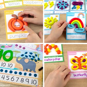 Printed playdough mats for play with play doh: weather, fruits, numbers, insects.