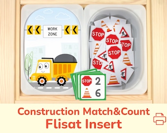 Construction Site Printable Flisat Insert: Dump Truck Match & Count Activity for Sensory Table. Toddler, Preschool, Homeschool Printables.