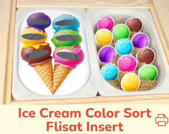 Eiscreme Schaufel Farbsortierung Aktivität: Flisat Insert druckbare Vorlage für Sensory Table Bin. Kleinkind Vorschule Lern Trofast einfügen