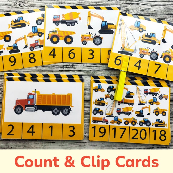 Cuente los números de las tarjetas con clips. Camiones de construcción imprimibles. Educación en casa, preescolar, prekínder, jardín de infantes