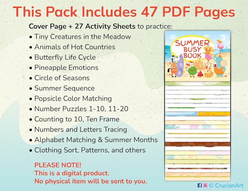 May include: A colorful illustration of a summer-themed busy book with 47 pages, including a cover page and 27 activity sheets. The book features a variety of activities, such as counting, matching, and tracing. The text on the cover reads "Summer Busy Book".
