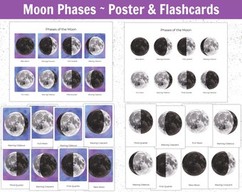 Moon Phases Flashcards & Poster | Phases of the Moon Montessori Homeschool Curriculum PDF Printables | Watercolor Printable Cards | SU101