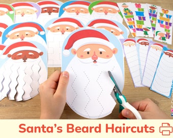 Op de afbeelding: Een verzameling papieren uitsparingen met kerstman-thema's met rode mutsen en witte baarden. De afbeelding toont kinderhanden die een schaar gebruiken om langs stippellijnen op een kerstmannengezicht te knippen. De tekst "Santa's Beard Haircuts" staat onderaan.