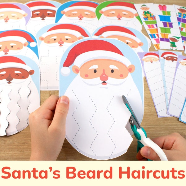 Santa’s Beard Cutting Activity. Christmas Scissor Skills Printable Worksheets. Winter Preschool Pre-K Kindergarten Fine Motor Skill Practice